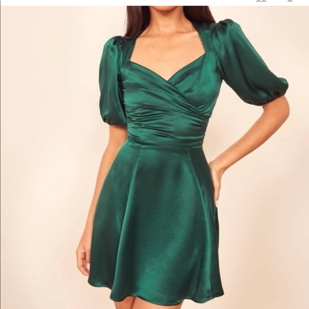 REFORMATION Emerald Green 100% Satin Swing Mini Dress Puff Bubble Sleeve 4